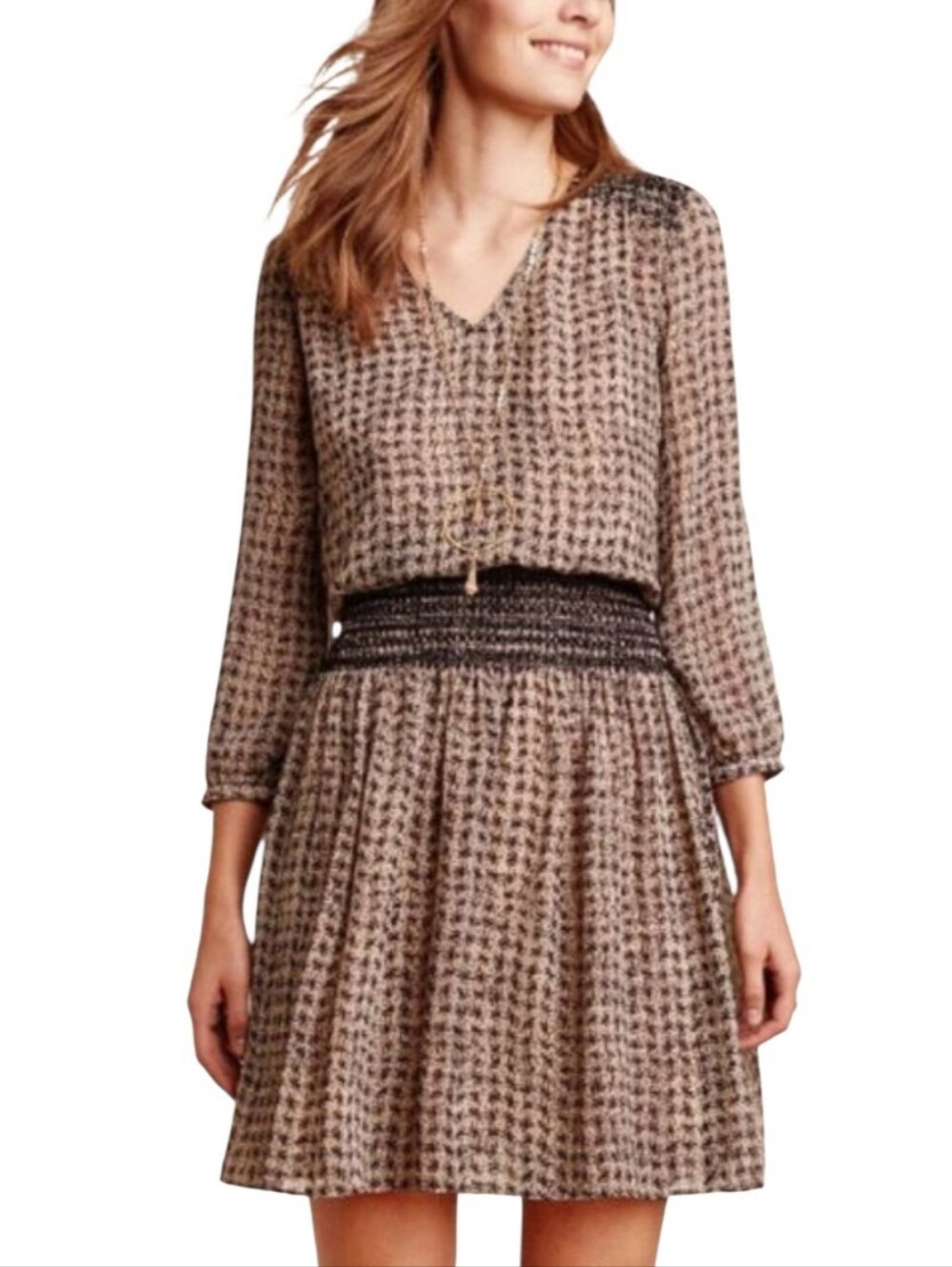 Anthropologie Vanessa Virginia Daytripper Chiffon Boho Smocked Waist Dress Size